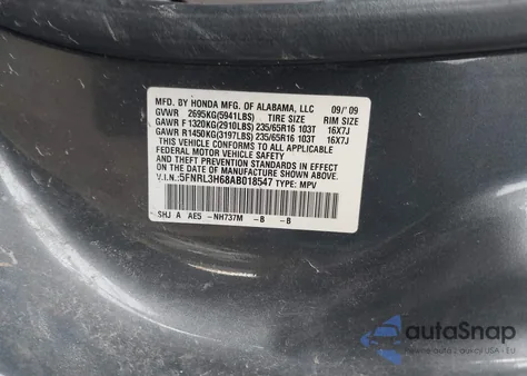 2010 Honda Odyssey Ex-L z USA, uszkodzony, nr VIN 5FNRL3H68AB018547